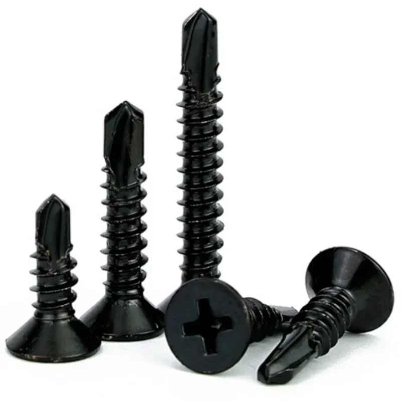 10pcs Black Carbon Steel Countersunk Cross Self-Drilling Screw - Size 3.5x25/38/50mm, Ideal Drilling Screw for Secure Fastening