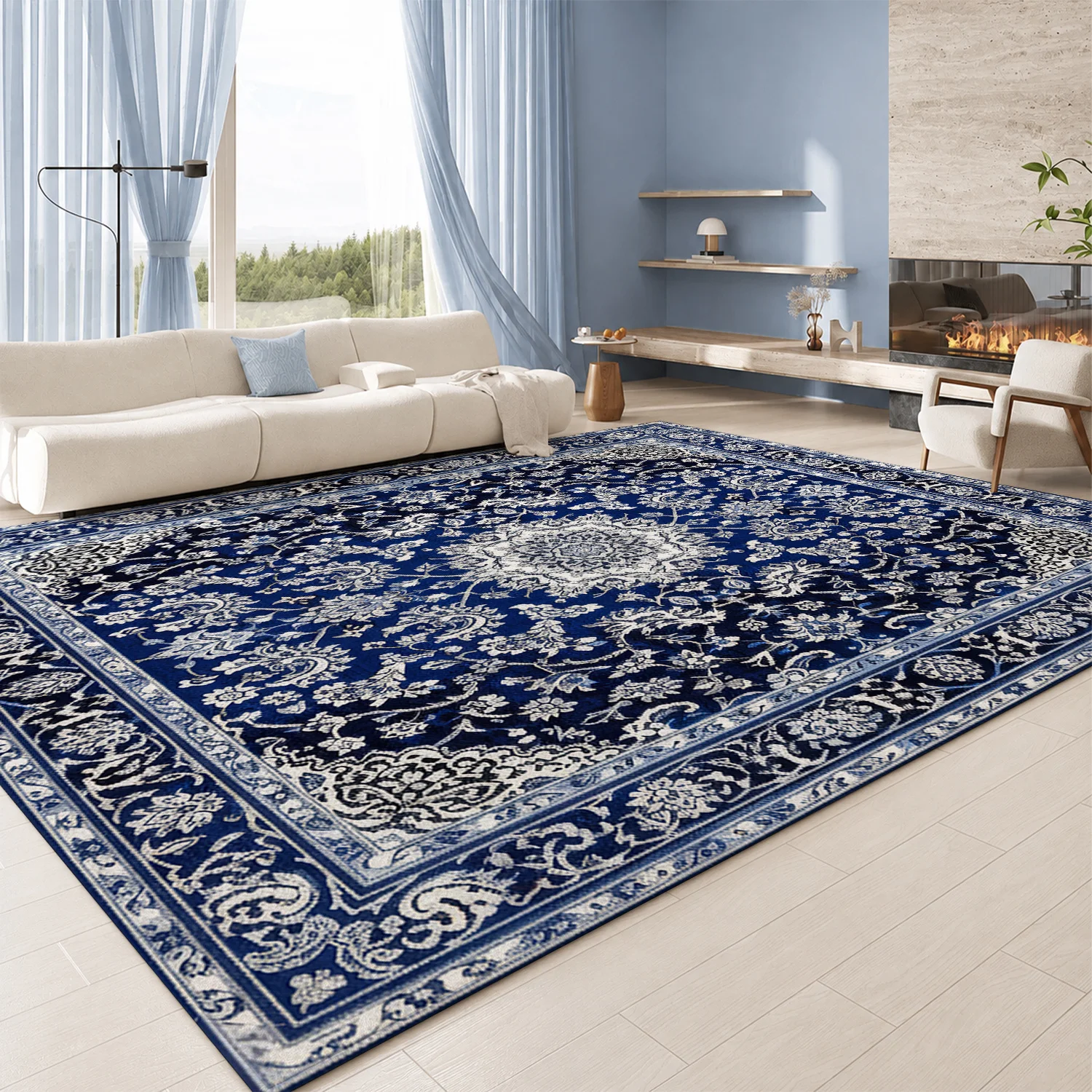 Large Indoor Area Rug, Soft Velvet Low Pile, Non-Slip Dotted Backing, Machine Washable, Navy Blue Ornate Persian Floral Pattern, Ideal for Living Room, Bedroom, Entryway Home Decor