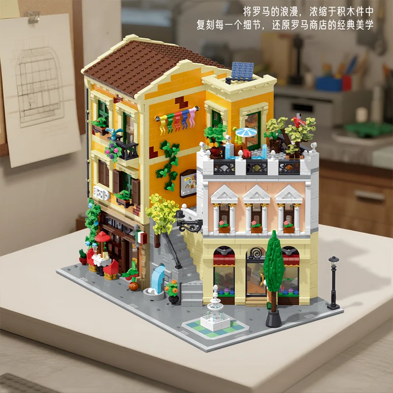 

В НАЛИЧИИ MOC Street View Рим Угловой магазин Строительные блоки Сборка кирпичей Строительство DIY игрушки для мальчиков Подарочный набор на день рождения