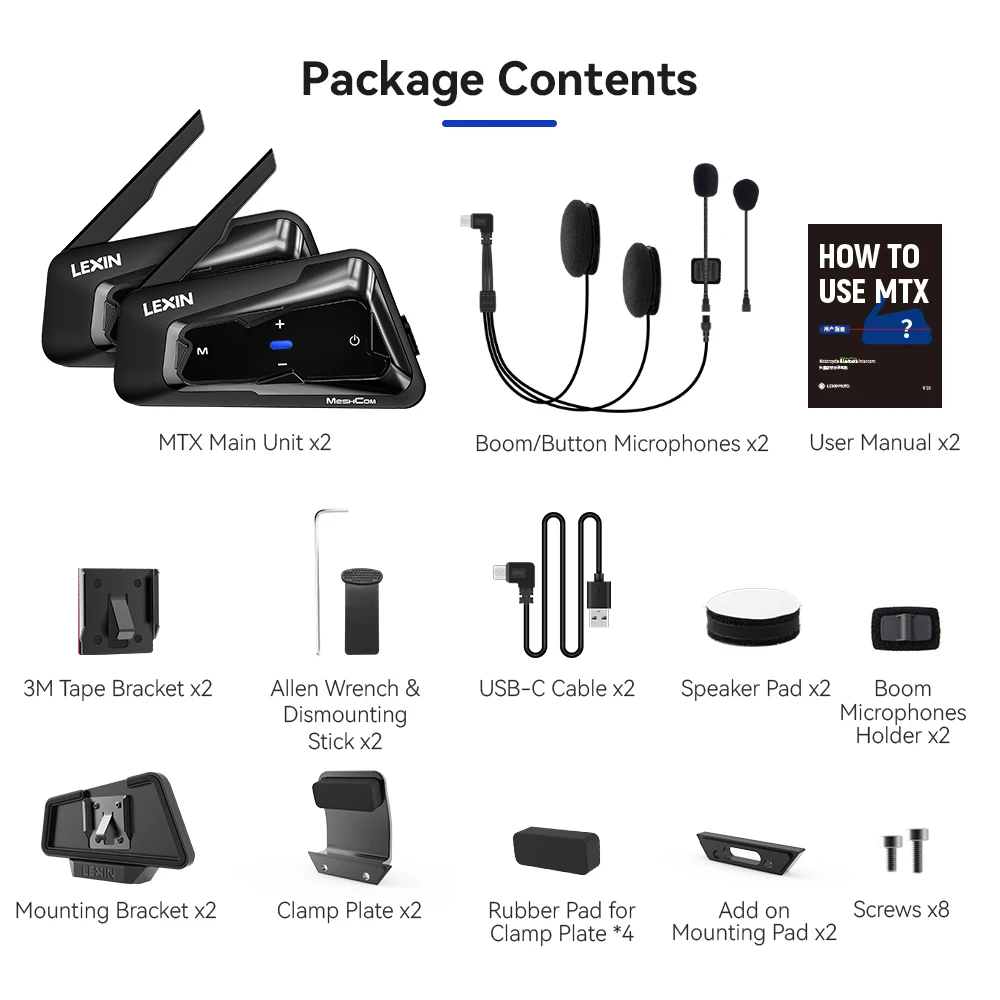 Lexin-Meshcom Motorrad Mesh & Bluetooth Headset Gegensprechanlage, mit Mesh-Kommunikation system, parallele Audio-Gegensprechanlage, 24 Fahrer