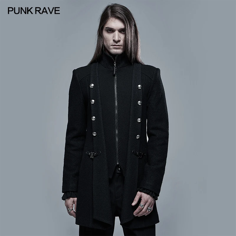 

PUNK RAVE Men's Punk Daily Simple Woollen Jacket Can Disassembled Waist Button Loop Winter Thick Warm Black Men Coat