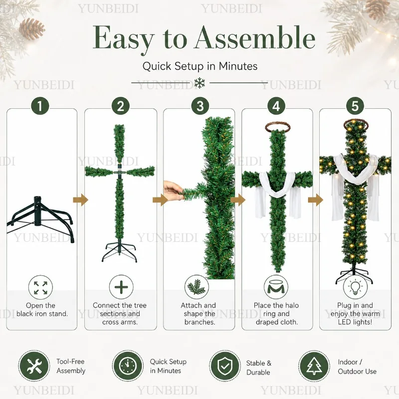 150/180cm Cross Shaped Christmas Tree Pre Lit Warm LED Lights Artificial PVC Xmas Tree Religious Holiday Home Outdoor Decoration