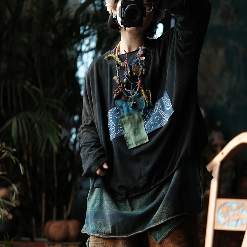 

Женские повседневные футболки из 100% хлопка с длинным рукавом, новинка 2026 года, весенний винтажный стиль, с круглым вырезом, с нашивками, свободного кроя, топы M2267