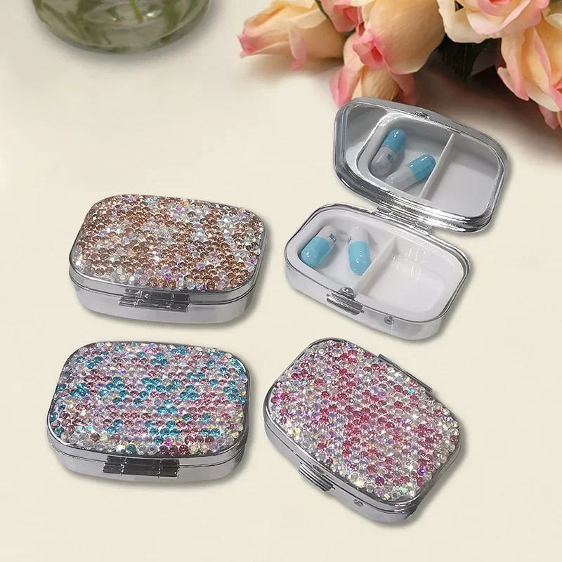 Diamond Metal Pill Box Mini Travel Portable Storage Box Rectangular Circular Medicine Box Blingbling Pill Case Pastillero