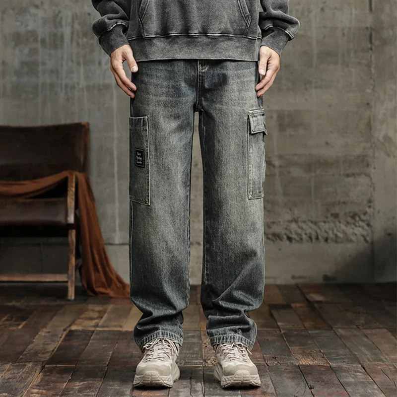 

Spring and autumn new men's Japanese overalls jeans men's fashion brand straight tube loose casual big pocket pants