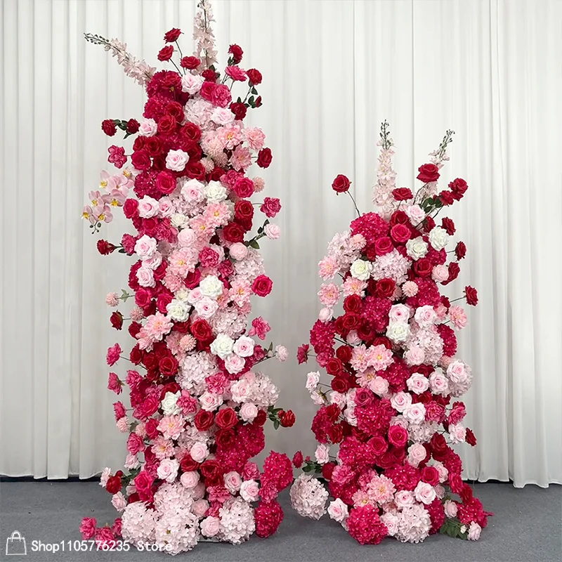 Knallrosa-weiße Rosen-Hortensien-Kunstblumen-Säulenständer für den Außenbereich, Garten, Pavillon, Hochzeitseingang, Dekoration, Hintergrunddekoration – Detail 3