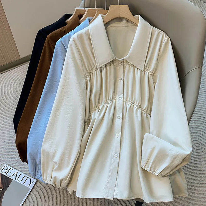 

French Pleated Design Shirt For Women Spring 2026 New Casual Fashionable Simple Solid Color Commute Lapel Long Sleeved Shirts