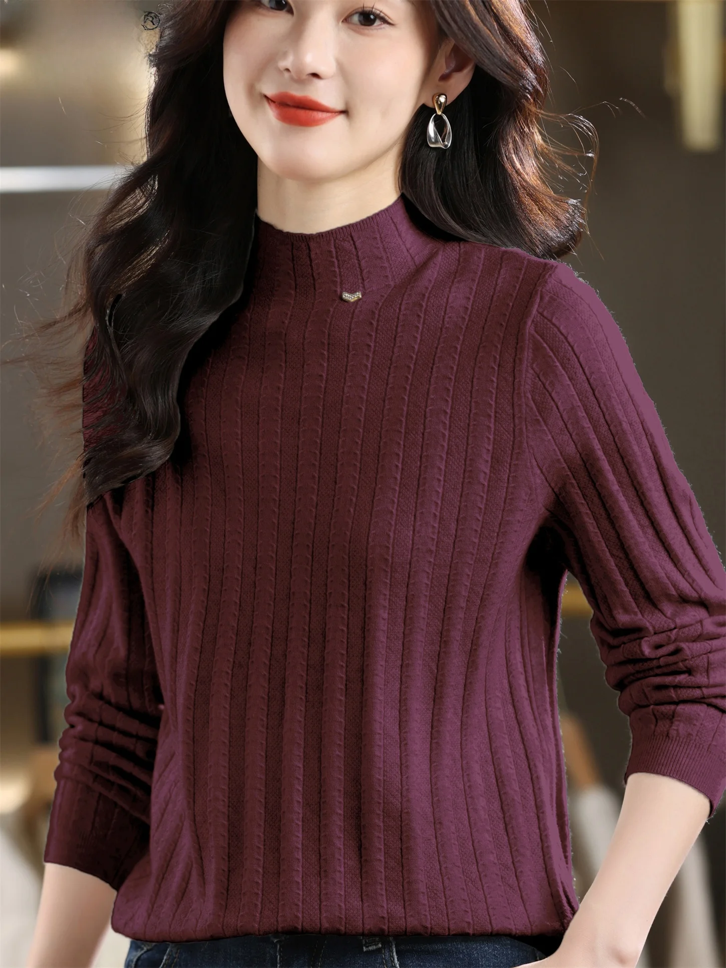 

Универсальный теплый вязаный свитер для женщин среднего возраста с высоким воротником, эластичный базовый слой, топ для повседневной носки, маленький размер