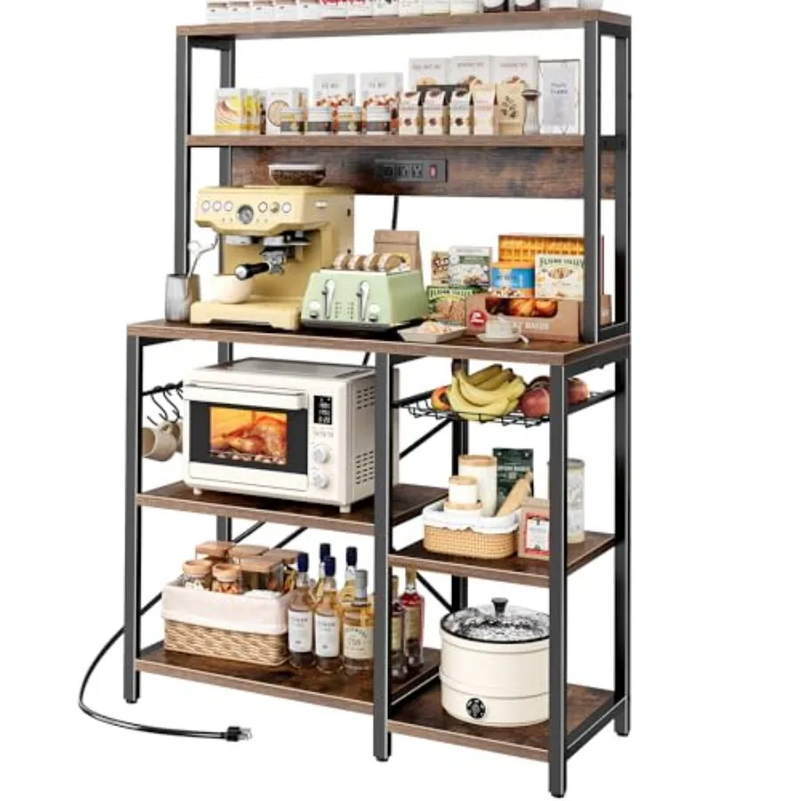 Bakers Rack with Power Outlet 35.4 Inches Coffee Bar with Wire Basket Kitchen Microwave Stand with 6 S-Shaped Hooks Open Storag