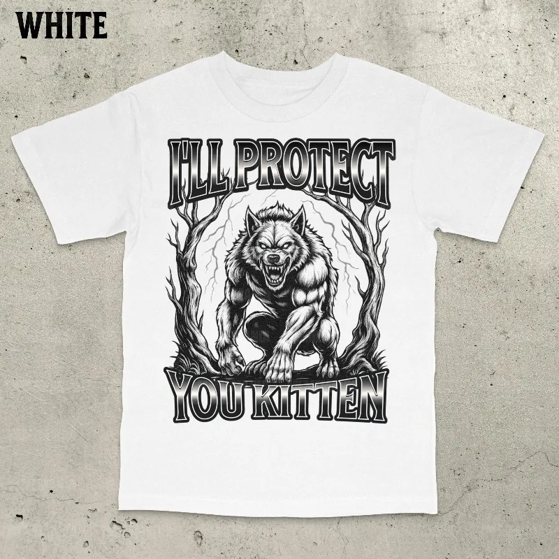 Funny Werewolf Meme I'll Protect You Kitten Alpha Wolf T-Shirt Summer Men's and Women's Loose and Breathable T-shirt Top