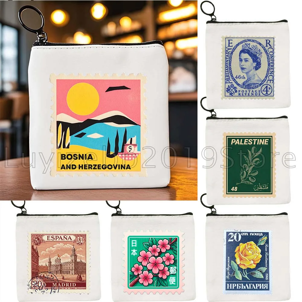 Vintage Japanese Postage Stamp Floral Cityscape Post Stamps Gifts Canvas Coin Purse Small Bag Key Storage Card Bags Wallet Pouch