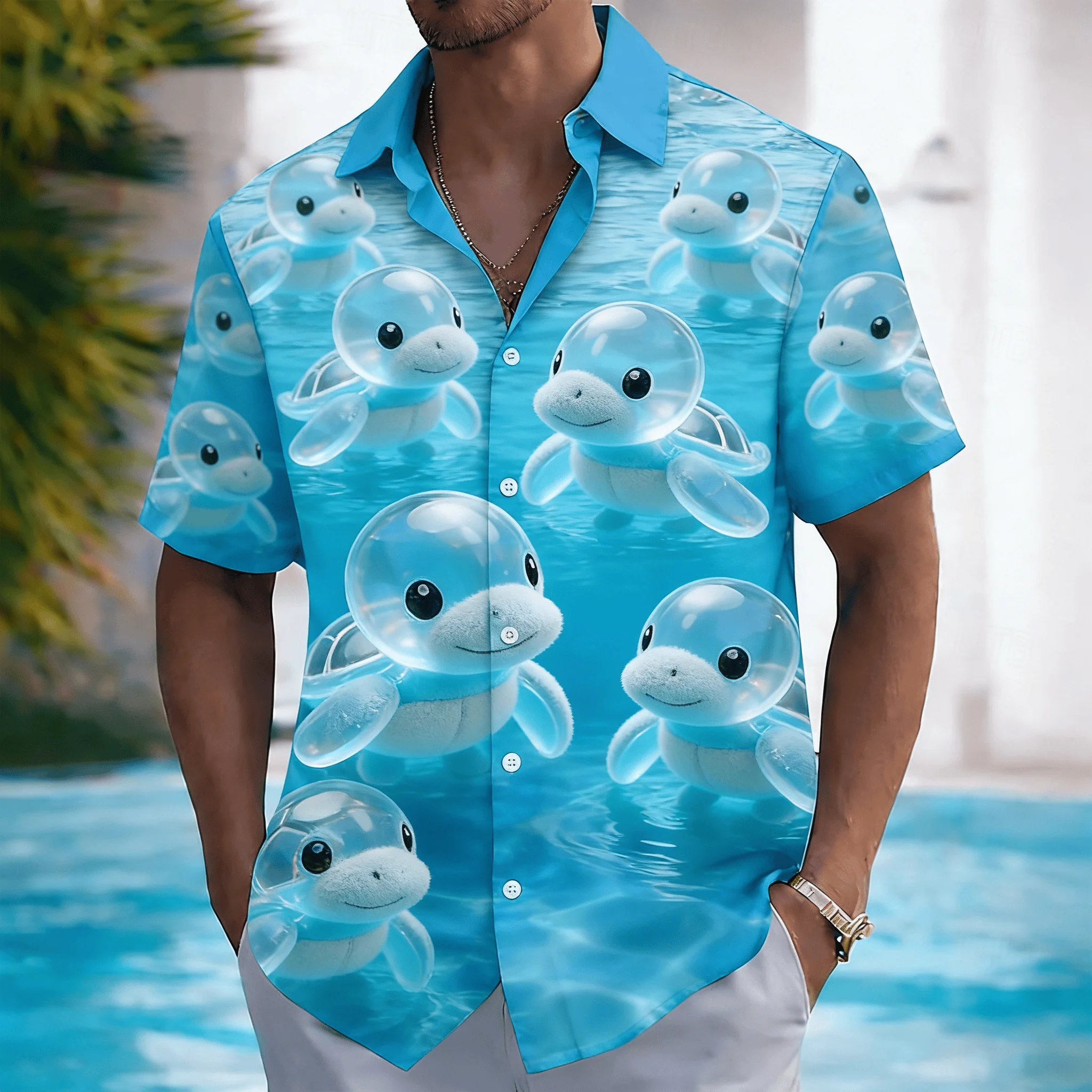 

Men's Cute Cartoon Print Short Sleeve Shirt, Kawaii 3D Ocean Water Pattern Button Down for Spring Summer