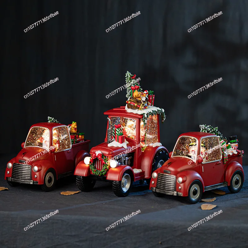 

New - style Christmas Decorative Ornament - Red Truck & Vintage Car Snow Globe Music Box with Snow - falling Effect