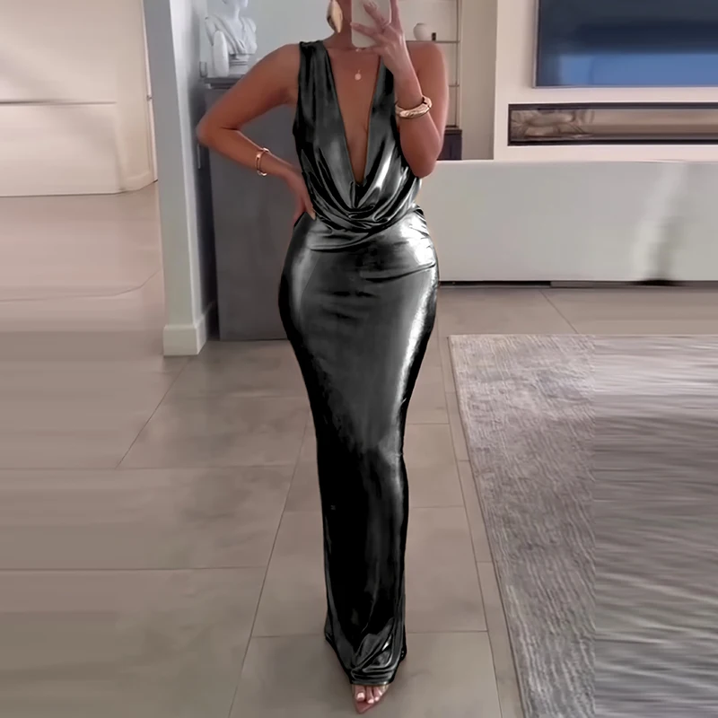 Casual Backless Hollow Solid Long Dresses Elegant V-neck Sleeveless Wrap Hip Dress Women Fashion Hight Waist Slim Evening Dress