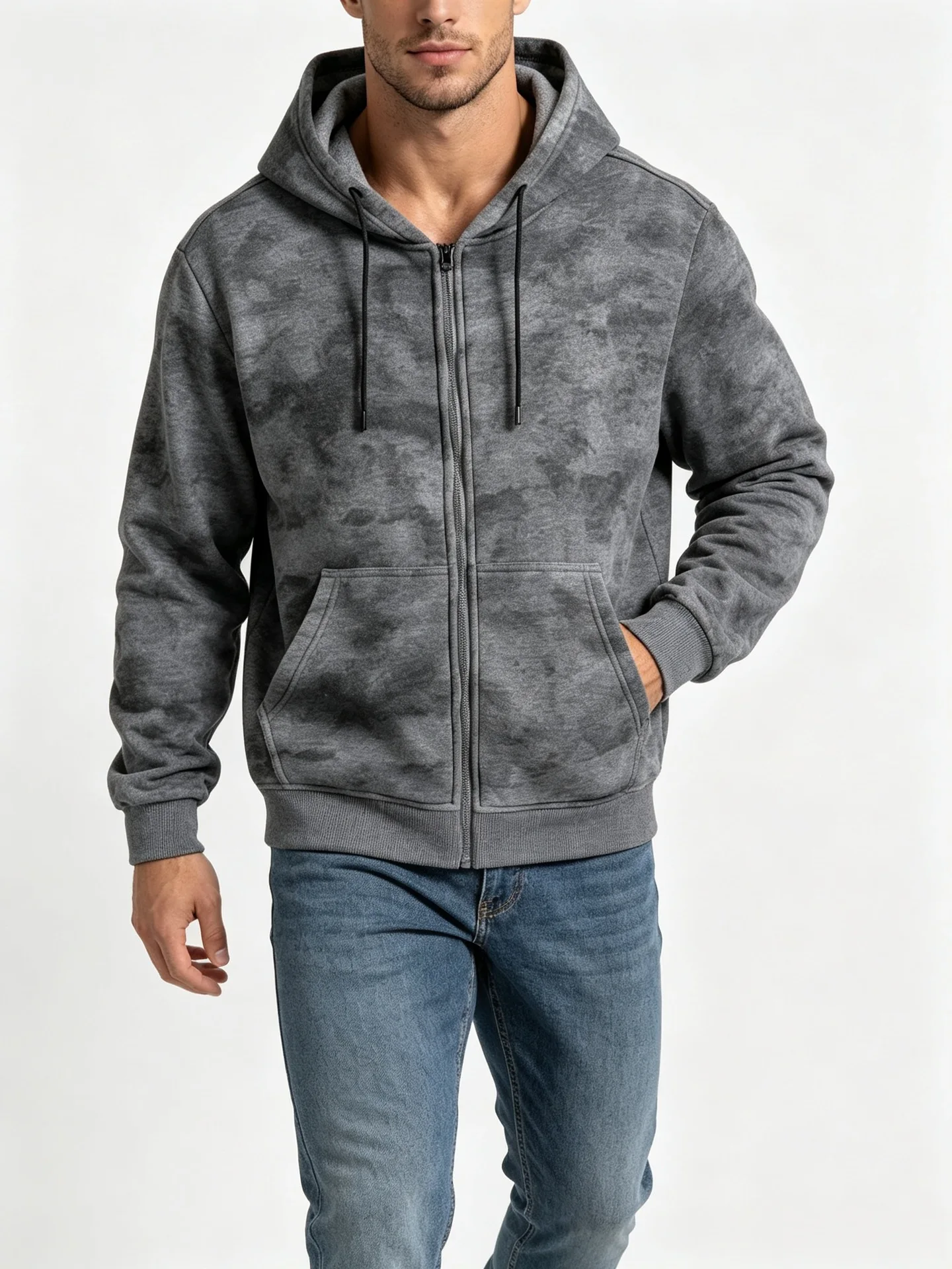 Men Tie Dye Zip Up Hoodie Heavyweight Full Zip Hooded Sweatshirt European High Street Loose Streetwear Autumn Casual Outerwear J
