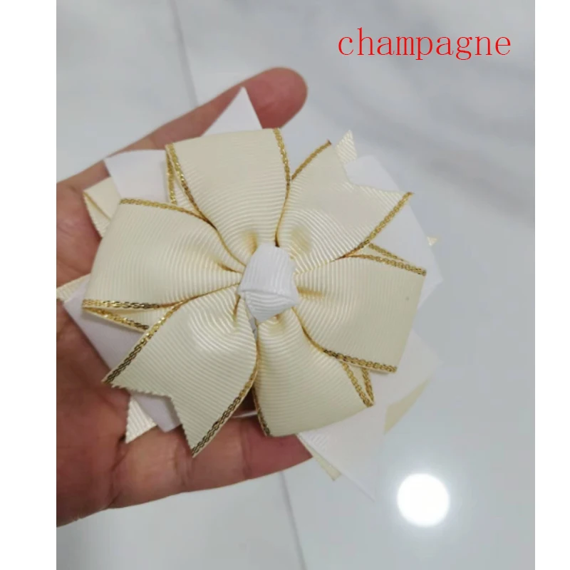 10PACKS Three-layer bows in gold edge School  First Day  Ribbon bow Hair clip hairpin For Baby Girl Accessories