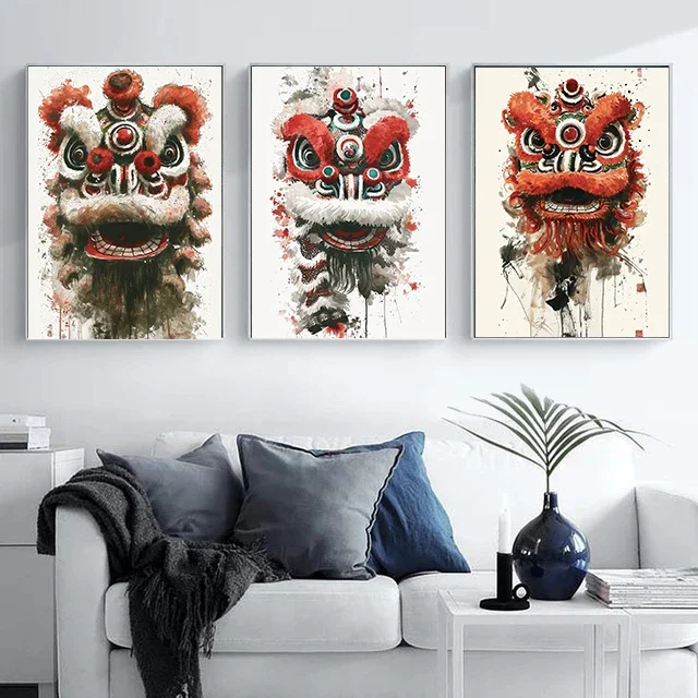 1pc frameless Canvas Painting Modern Colorful Chinese Lion Dance Ink Wash Style Posters and Prints Canvas Printing Wall Art Pict