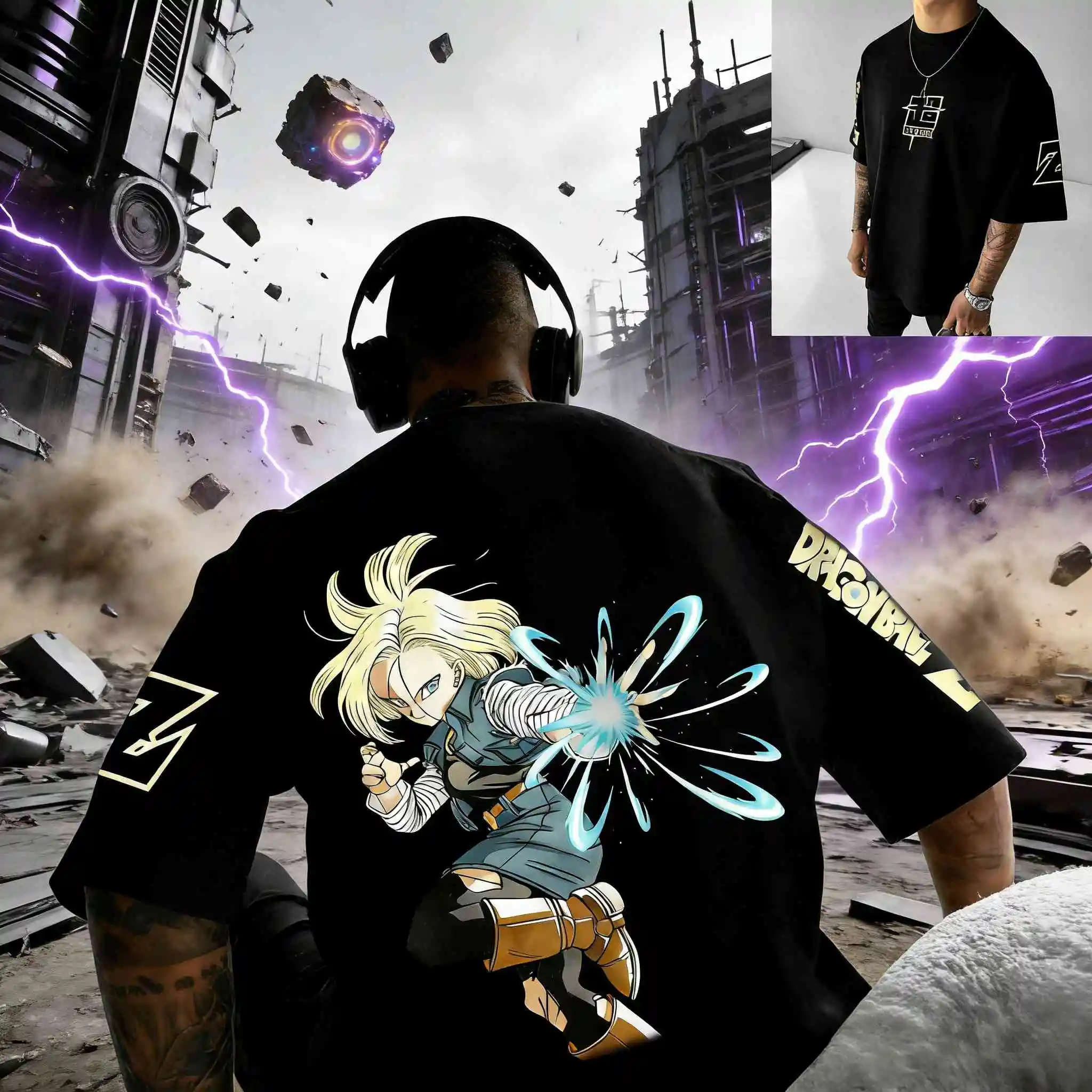 2026 Sommer Dragon Ball Retro Anime Android 18 Herren Baumwoll-T-Shirt Lässiges Lockeres Sport-Alltags-T-Shirt mit Energie-Explosions-Grafik