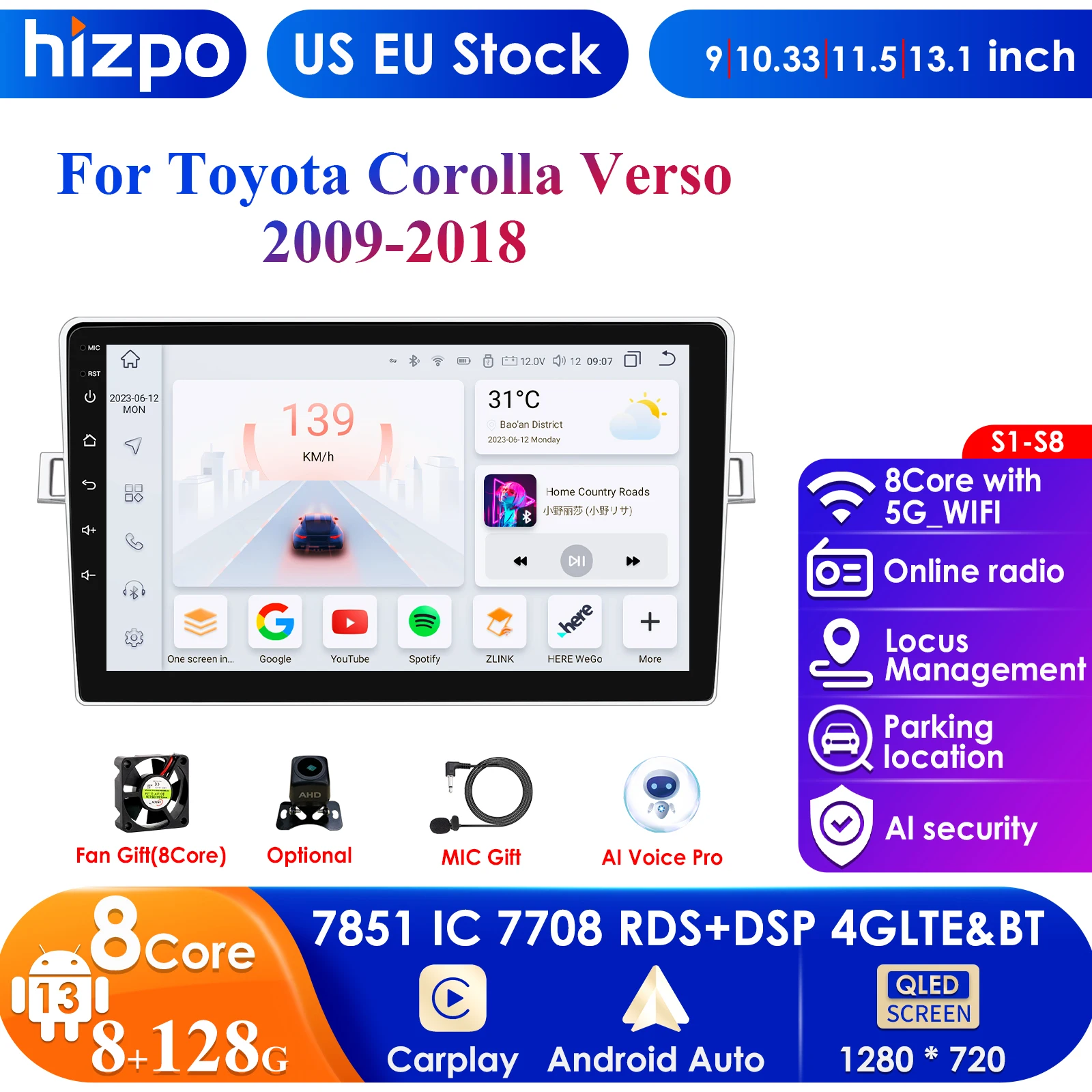 7862 Android 13 Car Radio for Toyota Corolla Verso AR10 2009-2018 Multimedia Player 2Din Carplay Stereo Headunit Audio Wifi 4G