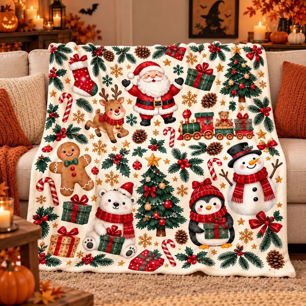 Santa Snowman Penguin Reindeer Print Blanket, Soft Warm Throw for Sofa, Air-conditioned Room, Ideal Christmas Home Decor