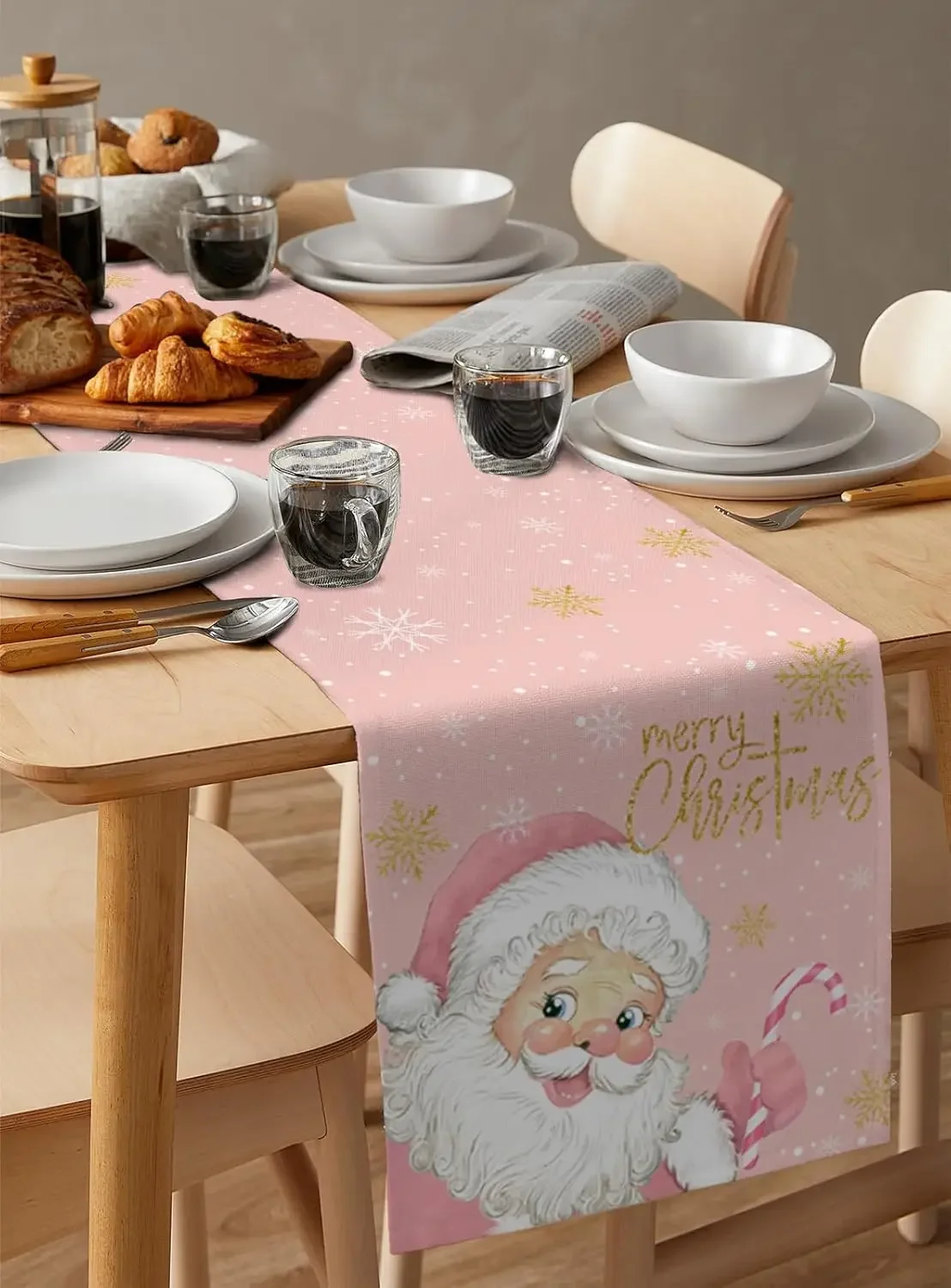 Merry Christmas Santa Claus Snowflake Table Runner Party Decor Reusable Winter Kitchen Dining Table Runner Christmas Decorations