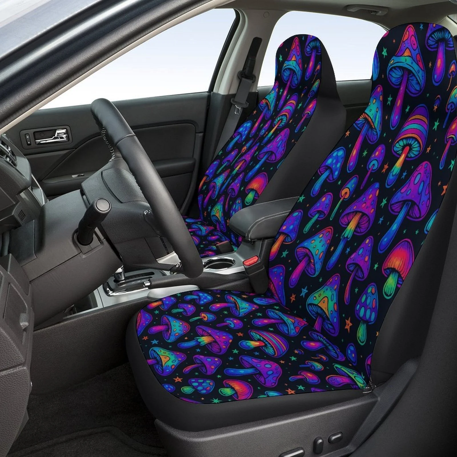 Set Of Car Seat Covers Featuring A Neon Mushroom Design, Suitable For Various Vehicles. Stylish And Unique, This Complete Set In
