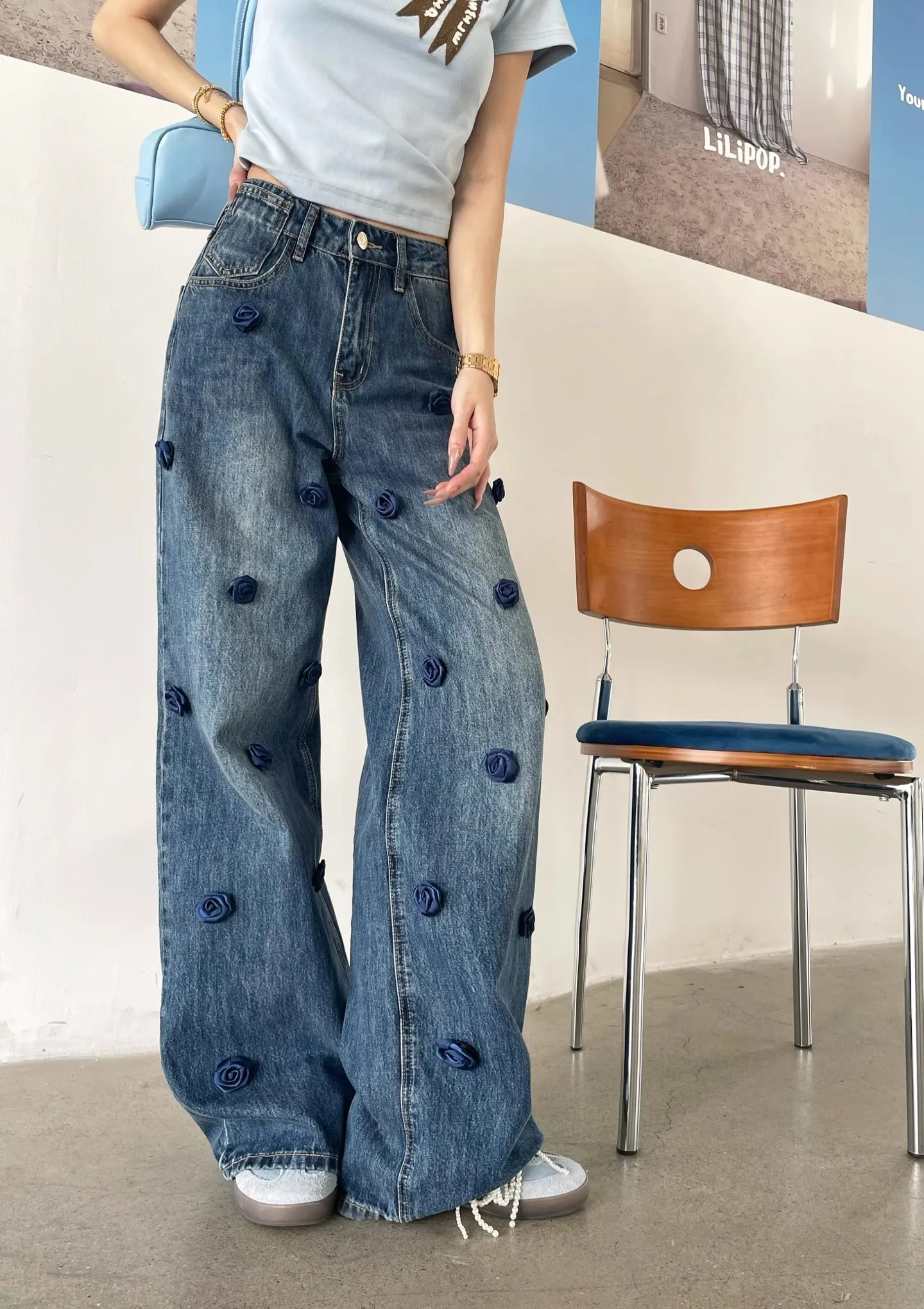 

Y2K 3D Rose Jeans Women High Waist Straight Leg Pants Floral Embroidery Design Fashion Trousers