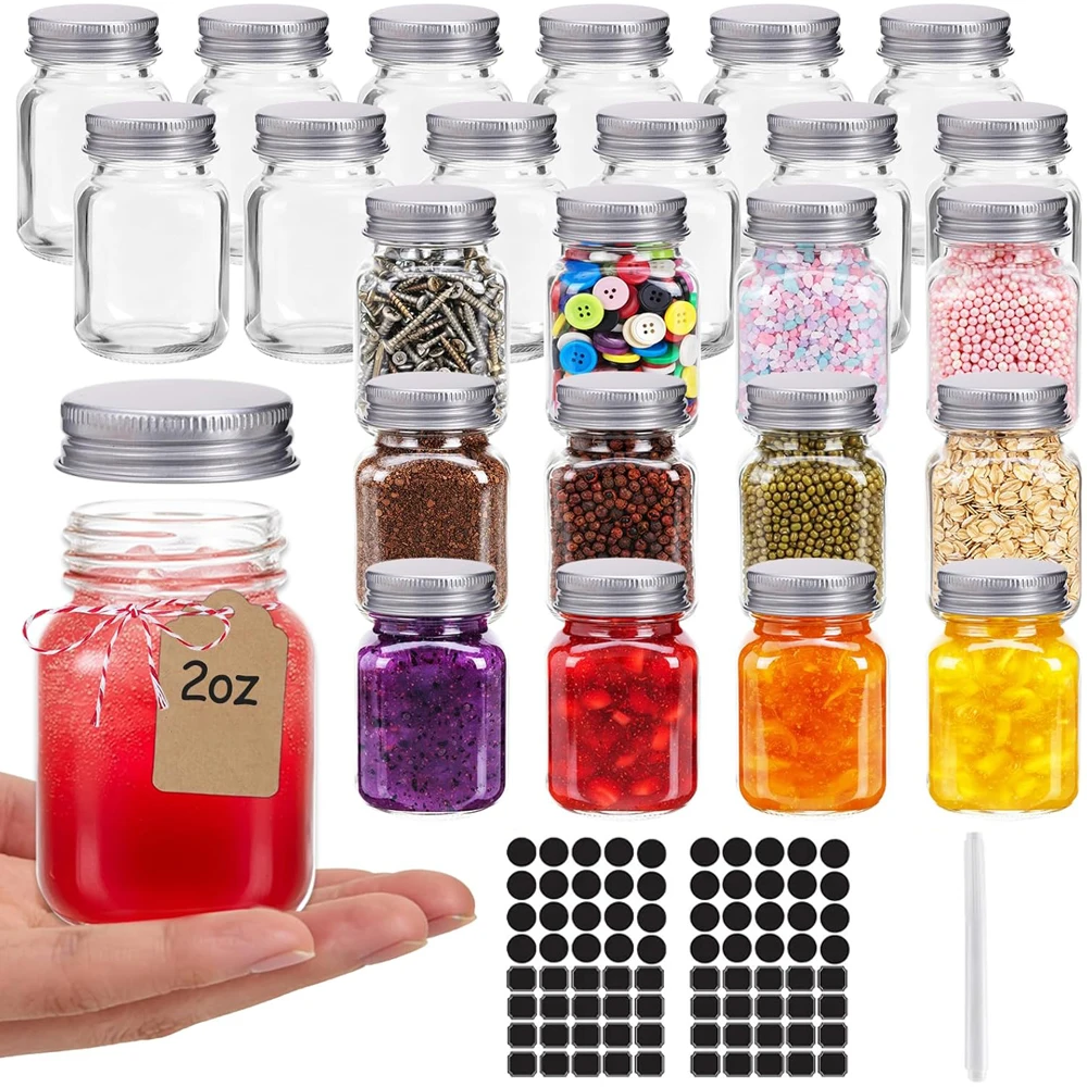 Frascos de Vidrio Mason de 2 oz con Tapas Plateadas, Frascos Pequeños de Vidrio, Mini Frascos para Especias, Miel, Salsas, Jugos, Mermeladas y Gelatinas, Decoración para Bodas, Manualidades