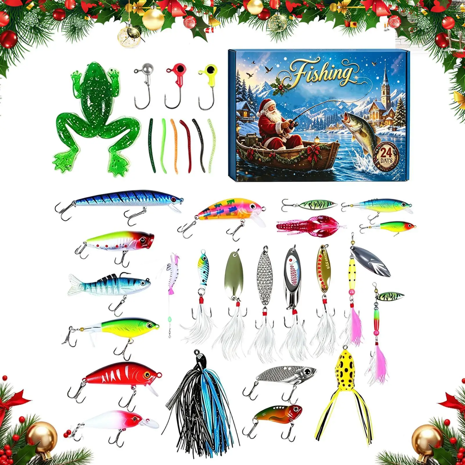24PCS Fishing Tackle Set Advent Calendar Christmas Countdown Calendar Fishing Lures Box Christmas Gifts for Fishing Lover