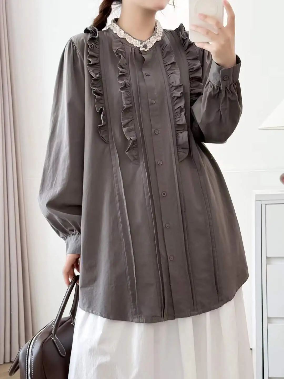 Novo 2025 inverno algodão camisa de manga longa, feminino stand babados retalhos, mori menina design francês doce ins blusa solta t5n952cc