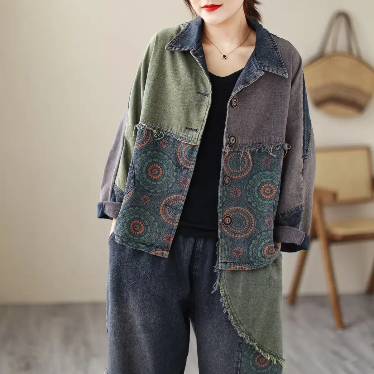 2024 Lente Denim Jassen Vrouwen Retro Print Kleur Gesplitst Schuren Losse Batwing Mouw Turn-Down Kraag Vrouwelijke Tij jassen L221