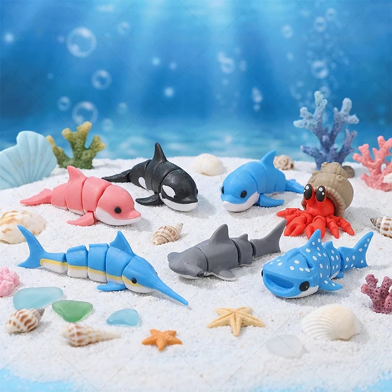 3D Printed Marine Animal Figure Movable Joint Shark Cachalot Hermit Crab Dolphin Hammerhead Home Decor Gift