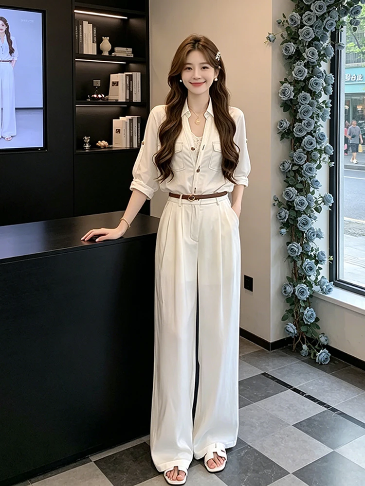 

2026 Spring Fashion Set Women's Casual Shirt Short Sleeve V-Neck High Waist Trousers Two-Piece Set Breathable Comfortable Lei...