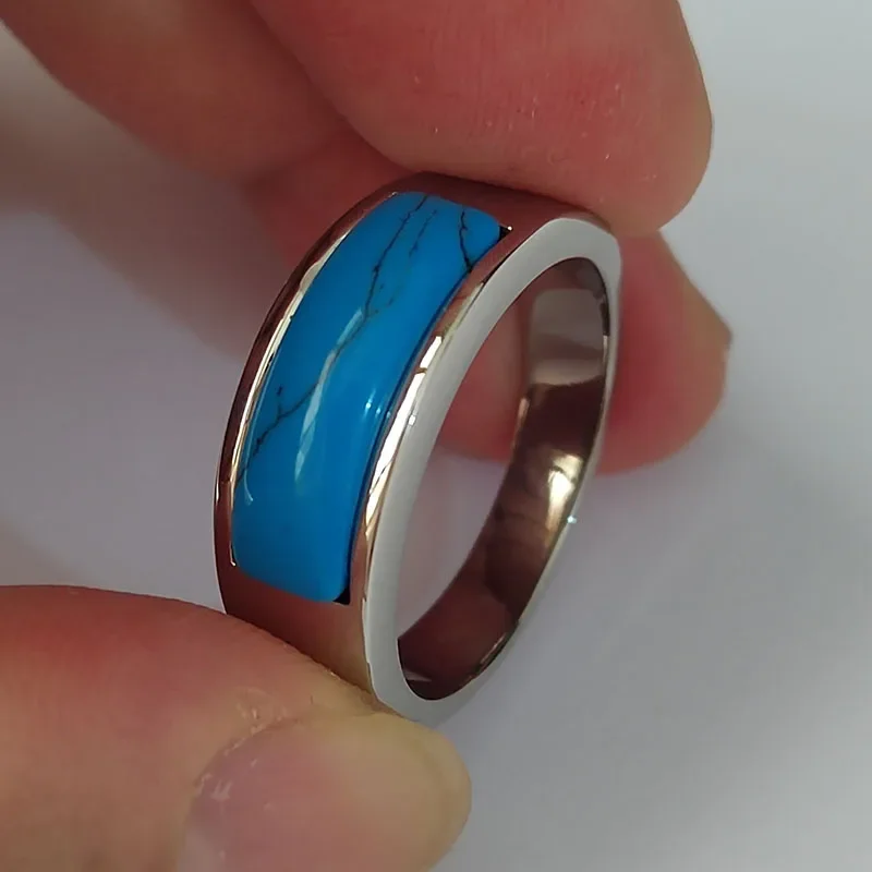 7 Colors 8mm Rings for Men Women Silver Color High Quality Stainless Steel Ring with Natural Turquoise Wedding Gifts for Guests