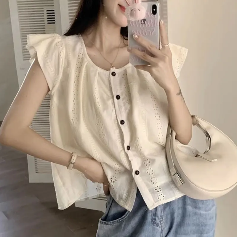 Vintage Lace Hollow Out Shirt Summer New Stylish Flying Sleeve Female Clothing Commute Single-breasted Solid Color Casual Blouse