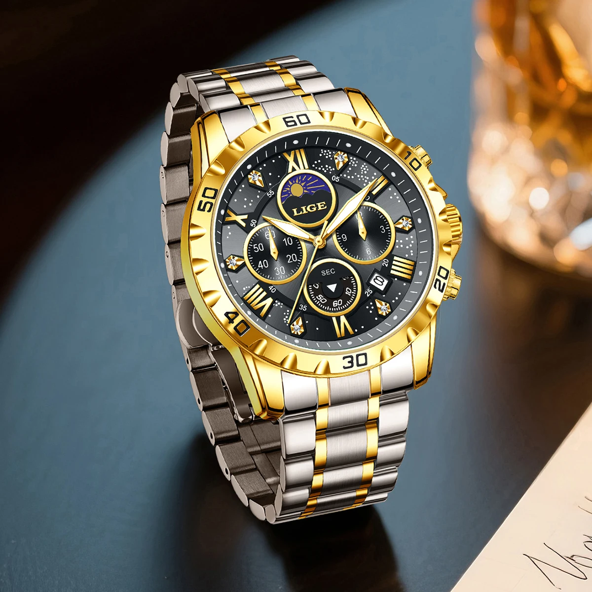 LIGE Top Brand Luxury Quartz Man Watch Casual Sport Waterproof Stainless Luminous Chronograph 24H Moon Phase Watches for Men+Box