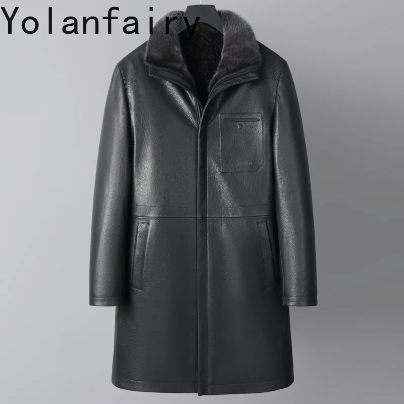 YOLANFAIRY Luxury Real Fur Coat Man High Quality Genuine Goatskin Leather Jacket Mink Fur Liner Warm Trench Coats Men Winter