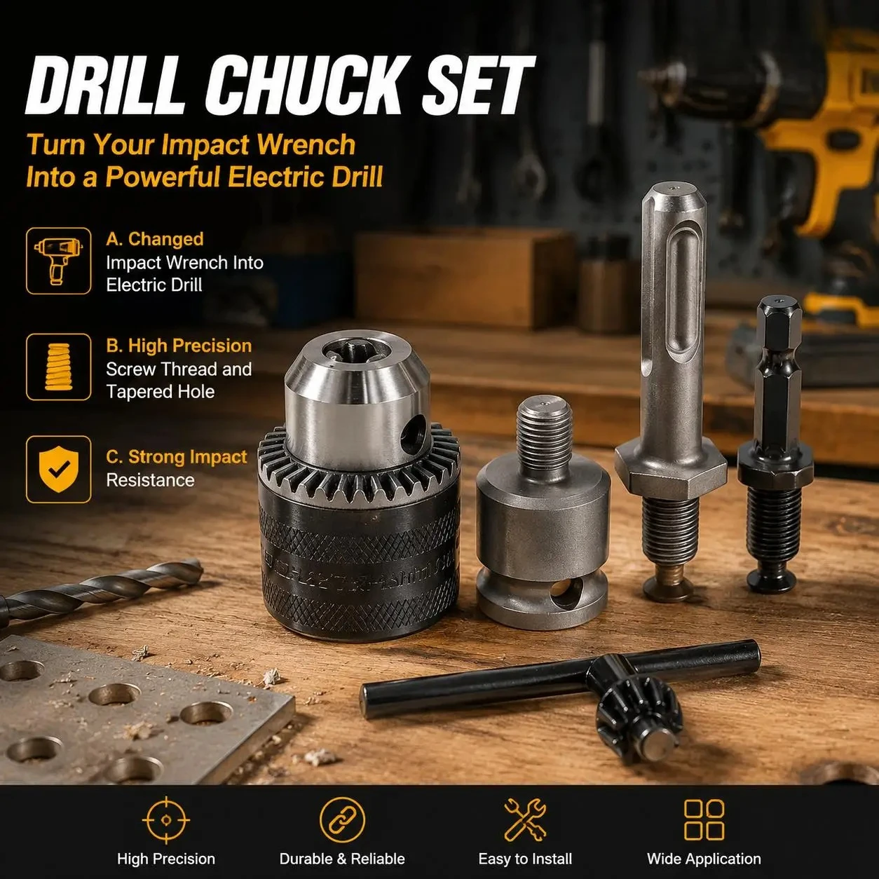 Universal 1 Set 1.5-10mm Drill Chuck Adapter 3/8-24UNF Thread Impact Wrench to Electric Drill Conversion Tool Kit with 1/4 Hex Shank SDS Plus Square Drive Converter Power Tool Accessories Hardware Parts