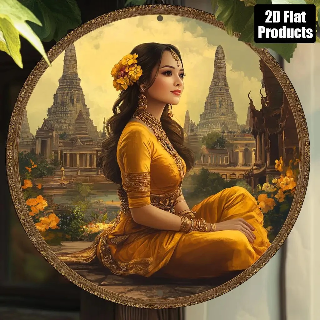 2D Flat Surface, 1 Piece of Indian Beauty and Angkor Wat Aluminum Wall Art - 8x8inch Circular Traditional Thai Style Decoration, Featuring Golden Embellishments