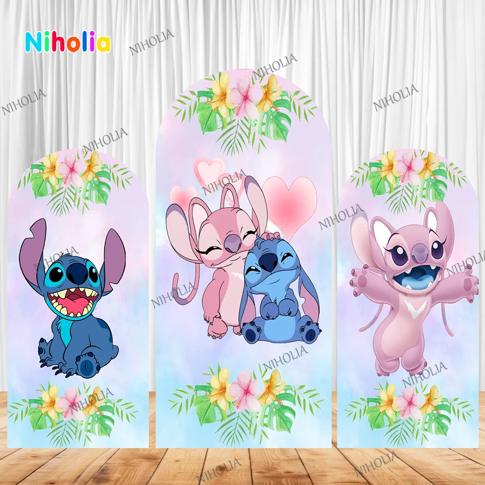 Stitch and Angel Arch Backdrop Kids Birthday Party Flowers Photograph Background Photo Wall Decoration Baby Shower Booth Booth