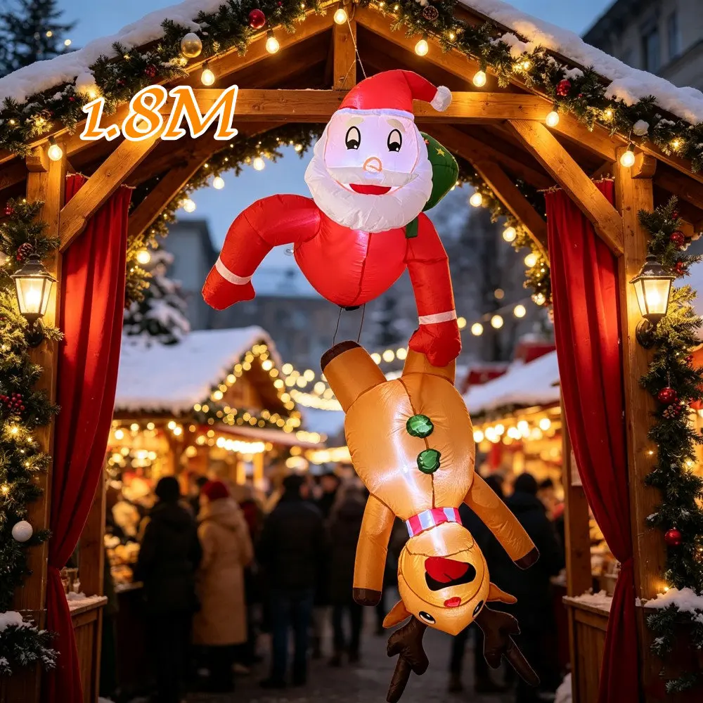 1.8M Christmas Inflatable Suspension Santa Claus Grabs Reindeer Built-in LED Lights Indoor And Outdoor Balcony Window Decoration