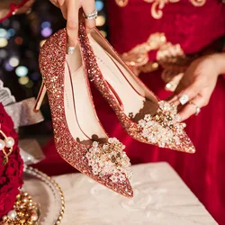 Bow Rhinestone High Heels Glittering Red Wedding Bridal Shoes Banquet Party Women's Shoes Fine High Heel Luxury Shoes Pumps