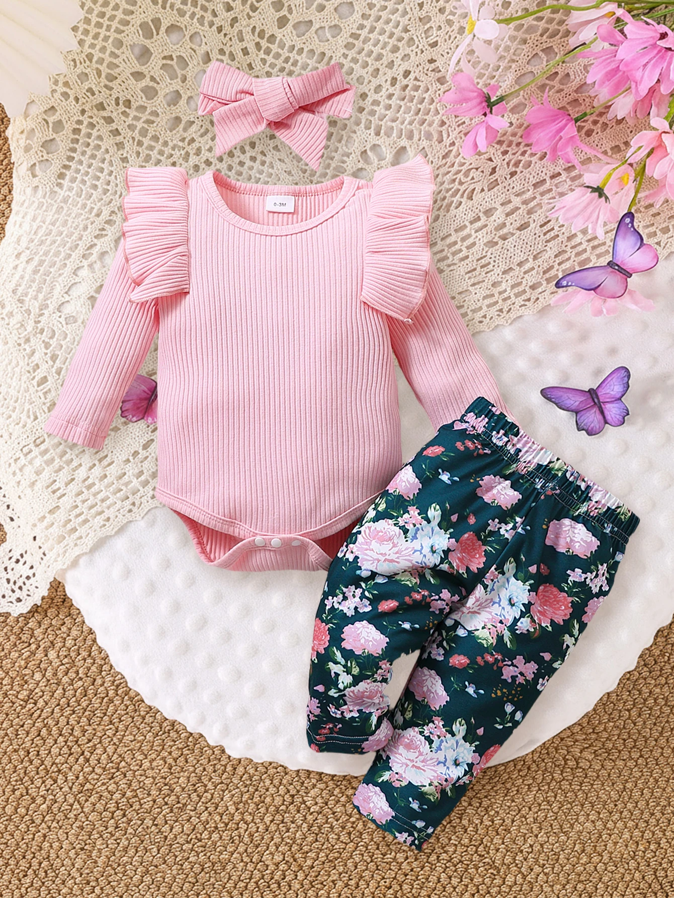 

Baby Girl Pink Gingham Floral Set Long Sleeve Bottom Covering Clothes Long Pants Hairband Sweet Fresh Style Infant Outfit