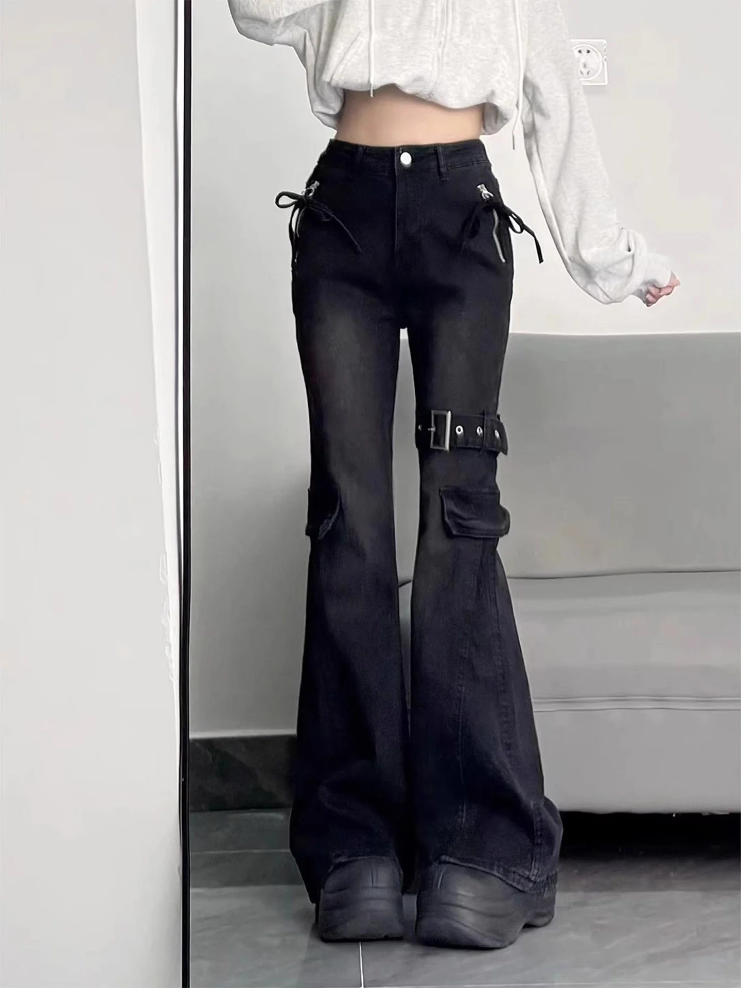 

Американские джинсы-клеш с поясом и бантом в стиле ретро, весна-осень, новые, сексуальные, с высокой талией, стройнящие, для женщин