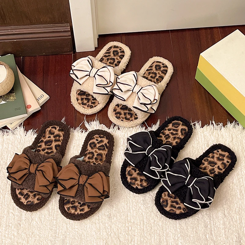 Mallard Wind Leopard Print Cotton Slippers for Women, Winter Bow Strap Indoor Home Fleece Lined Non-Slip Plush Slippers