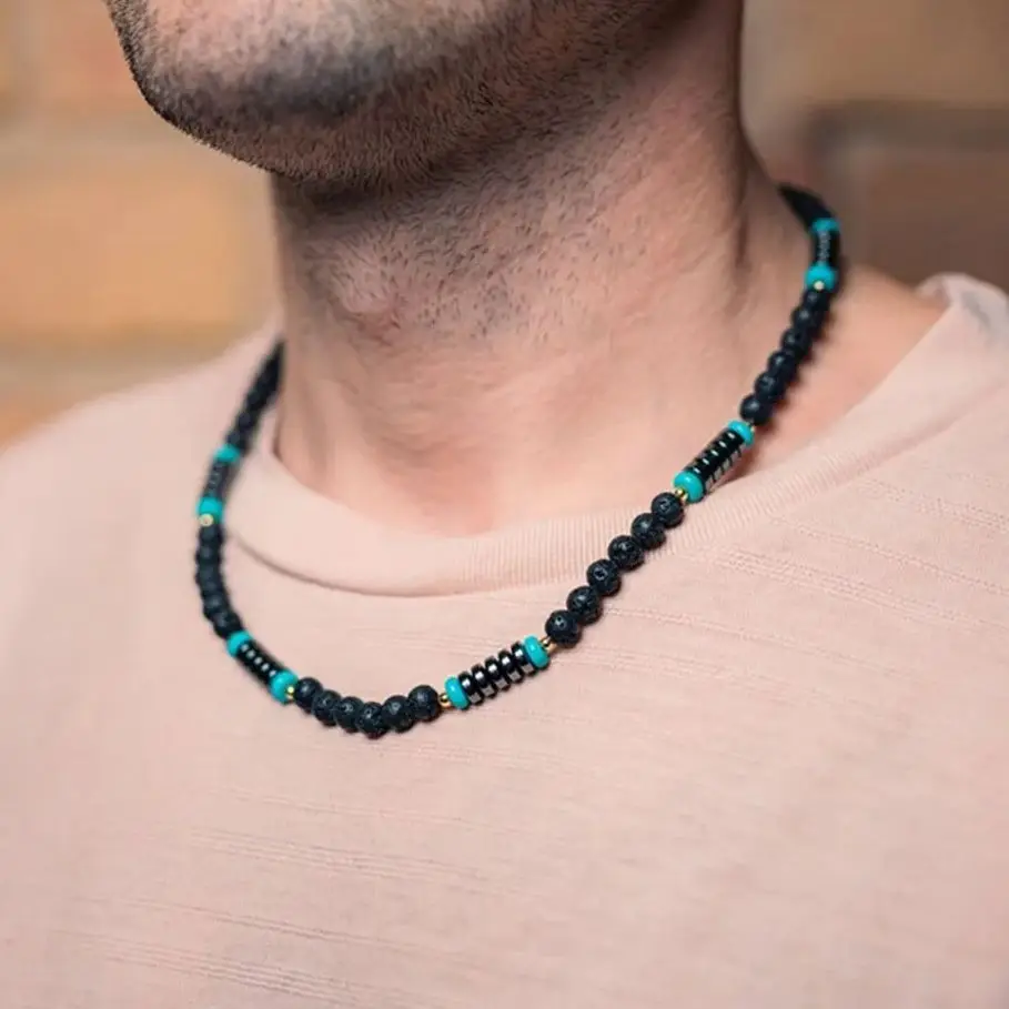 

45cm Fashion Hematite Necklace Natural Lava Map Stone Beaded Necklaces Healing Energy Male Choker for Men Women Jewelry Gift