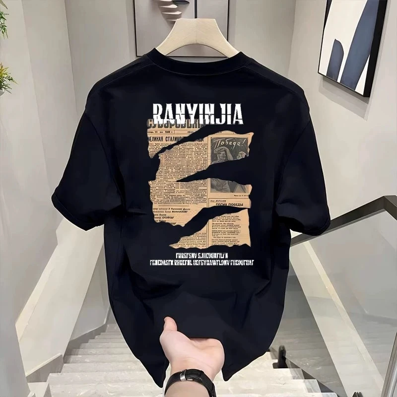 Men's Cotton T-shirts Fitted Black 5XL T Shirt for Men Casual Summer Wear Letter Fashion Print Tee Shirts White Men Clothing