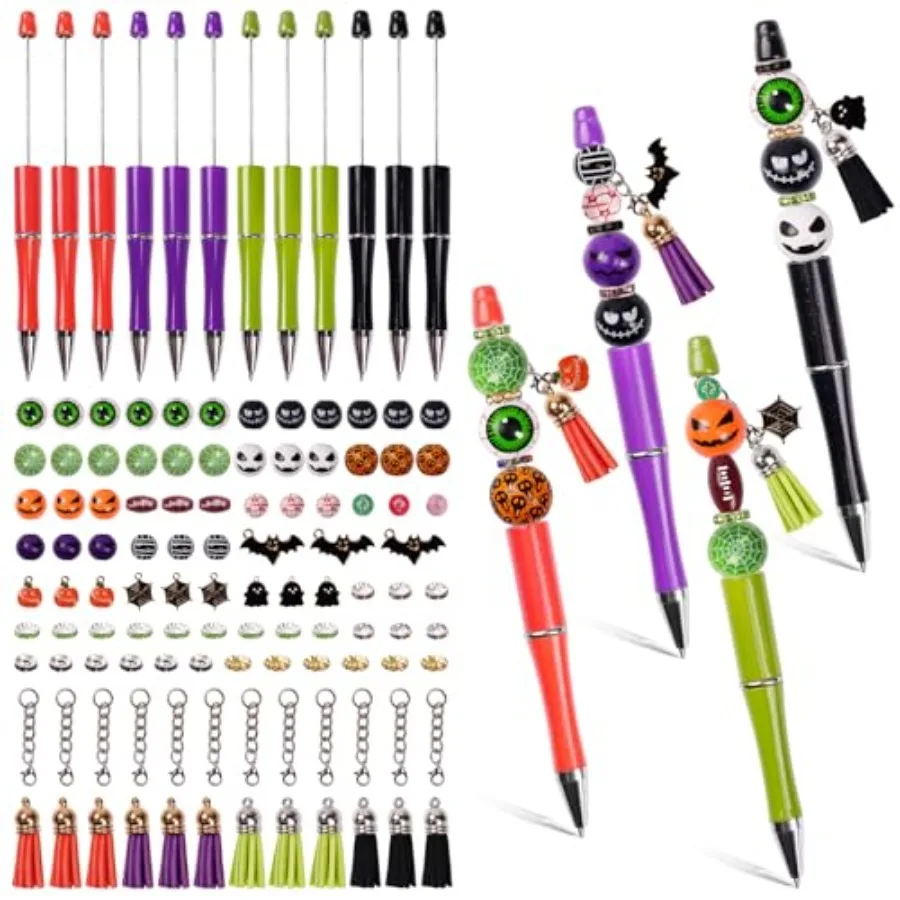 12 قطعة أقلام الهالوين القابلة للخرز أقلام صياغة ذاتية الصنع مع خرز ملون شرابة تعليق الهالوين للبالغين هدايا مكتب المدرسة سوب