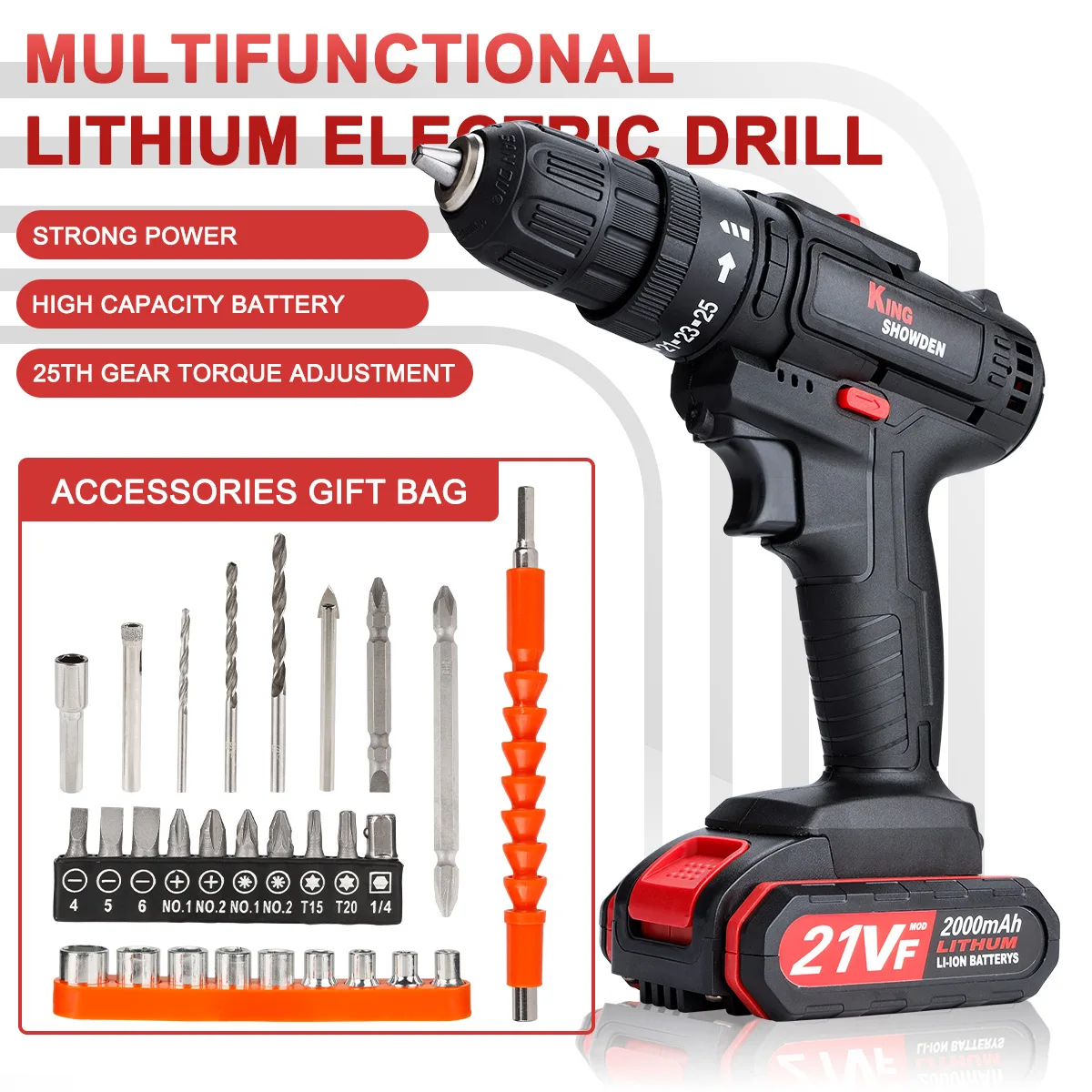 

21V Cordless Drill Electric Drill Screwdriver Wireless Power Driver Tool Accessories Kit w/1pcs Lithium-Ion Battery