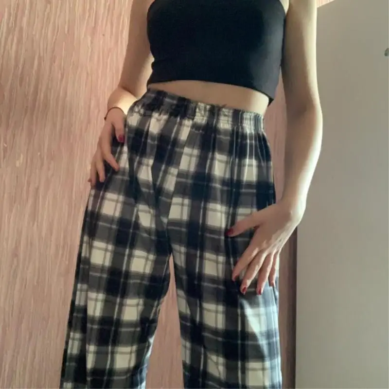 2022 New Vintage Plaid Women Pant High Waist Wide Leg Straight Pant Loose Casual Female Trouser Wide Leg Pant Fashion Streetwear